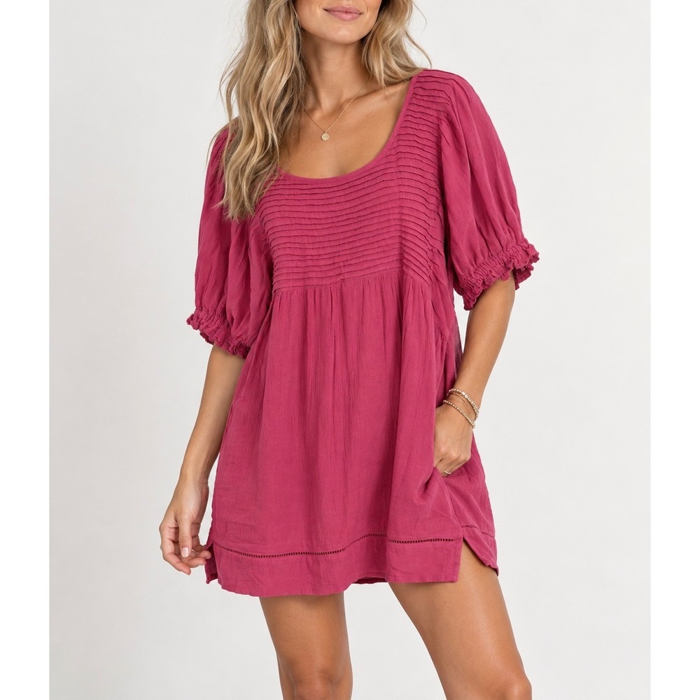 Free People Cotton Linen Elsie Tunic Puff Sleeve Pink Large Boho Prairie